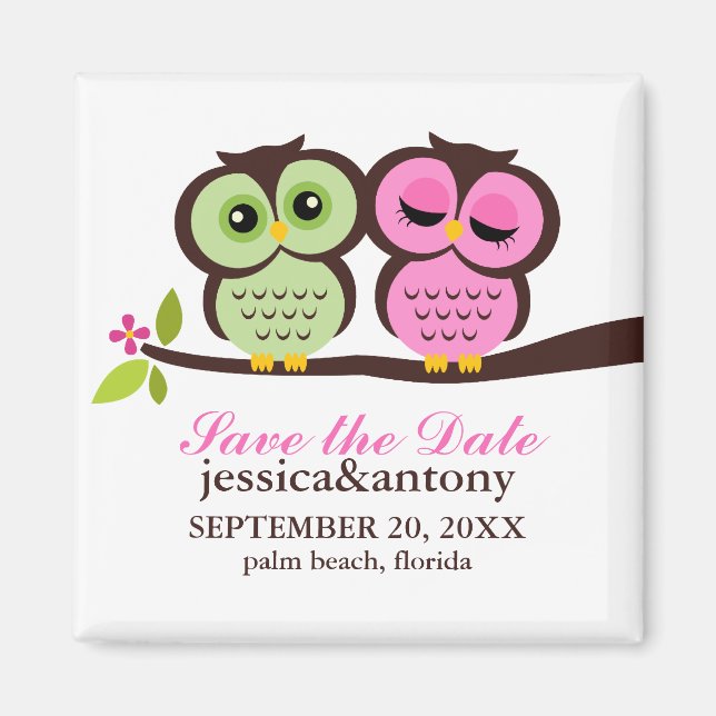 Green and Pink Owls Wedding Magnet (Front)
