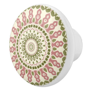 Green and Pink Painted Medallion Pattern Ceramic Knob