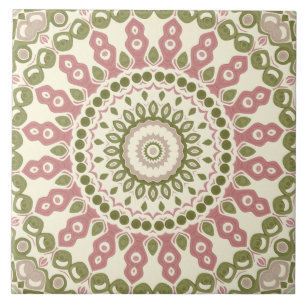 Green and Pink Painted Medallion Pattern Tile