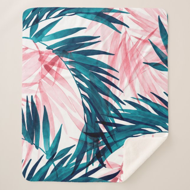 Green and pink palm leaves pattern sherpa blanket (Front)