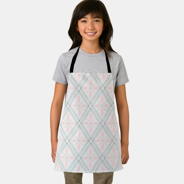 Green and pink pastel diamond pattern apron (Insitu)