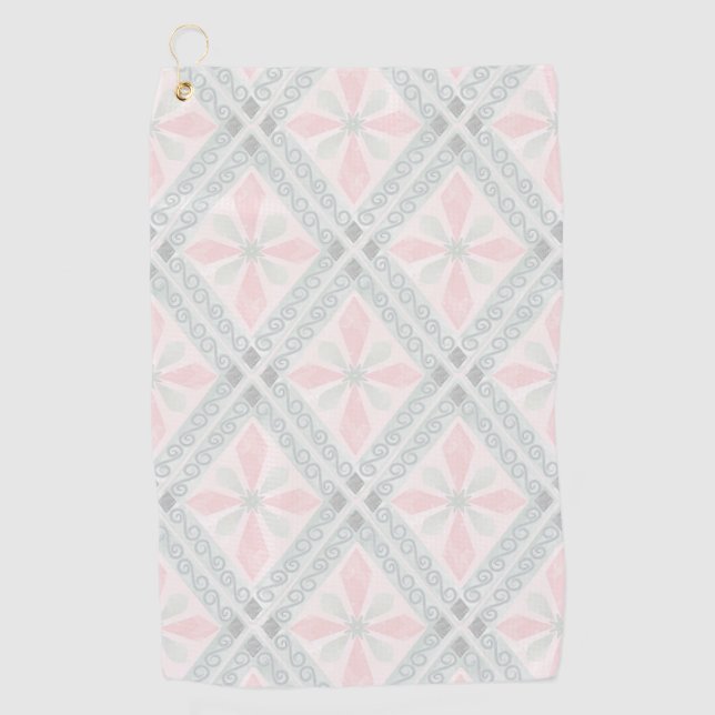 Green and pink pastel diamond pattern golf towel (Front)