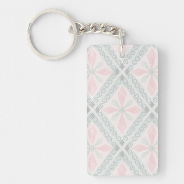 Green and pink pastel diamond pattern keychain (Front)