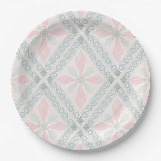 Green and pink pastel diamond pattern paper plate (Front)