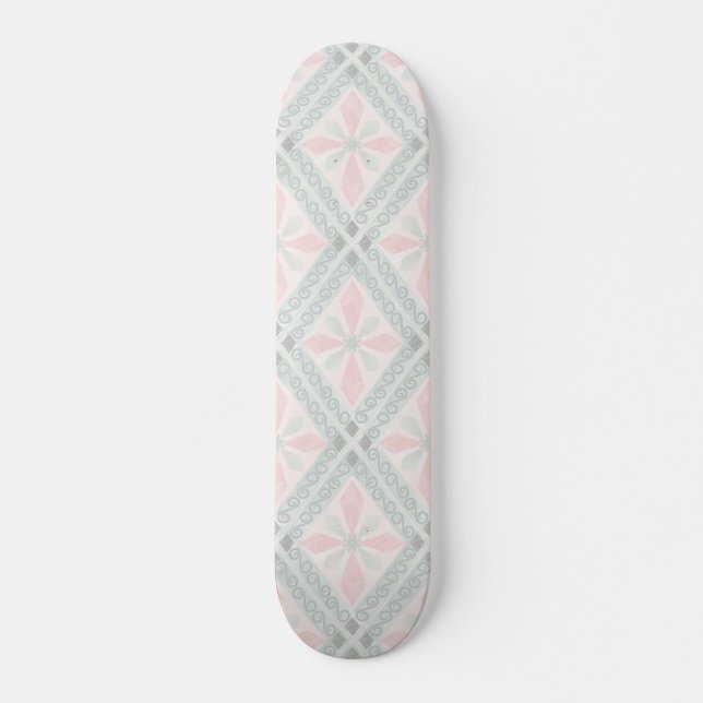 Green and pink pastel diamond pattern skateboard (Front)