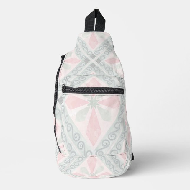 Green and pink pastel diamond pattern sling bag (Front)