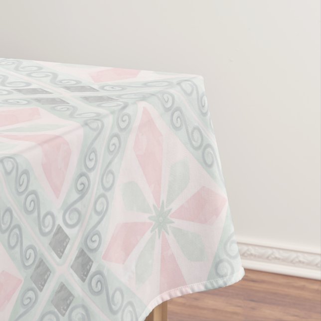 Green and pink pastel diamond pattern tablecloth (In Situ)