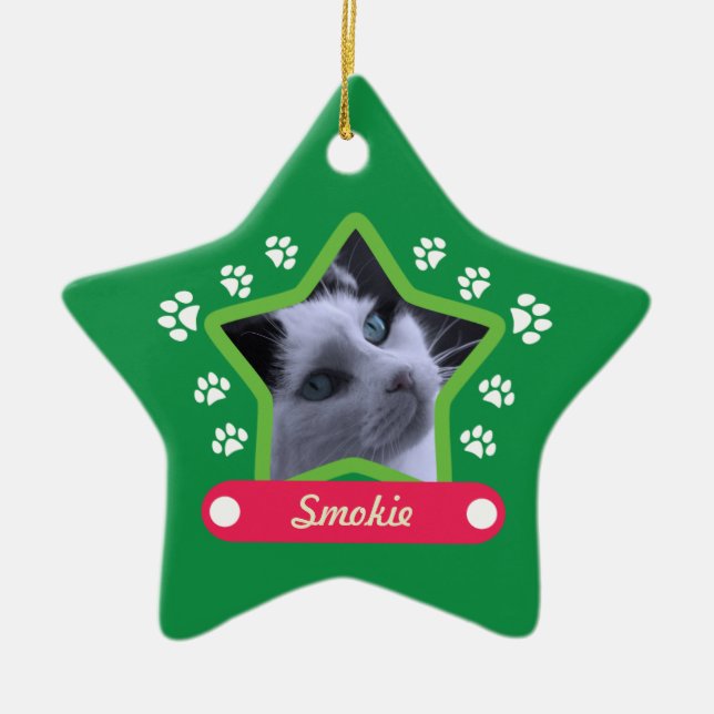 Green and Pink Pet Paws Christmas Photo Ornament (Front)