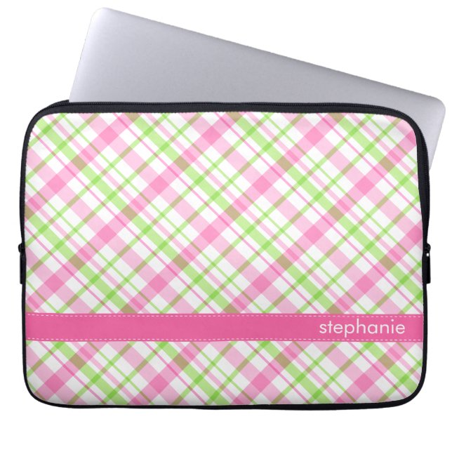 Green and Pink Plaid Pattern Laptop Sleeve (Front)