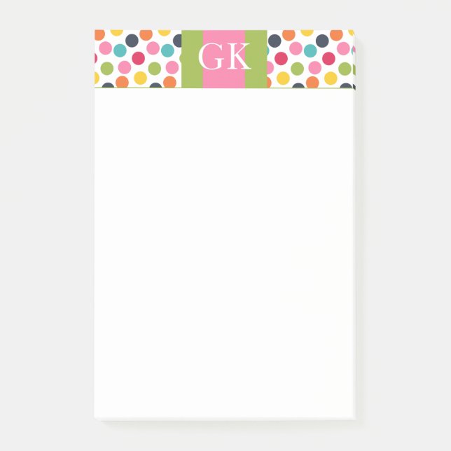 Green and Pink Polka Dot Monogram Post It Note (Front)