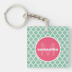 Green and Pink Quatrefoil Monogram Keychain