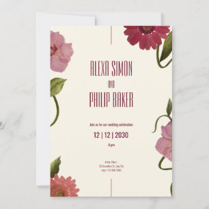 Green and Pink, Red Watercolor Flower Wedding Invitation