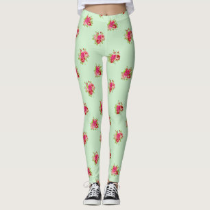 Green and Pink Rosebuds Floral Womens Leggings