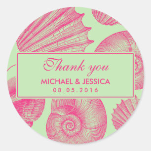 Green and Pink Seashell Wedding Thank You Sticker