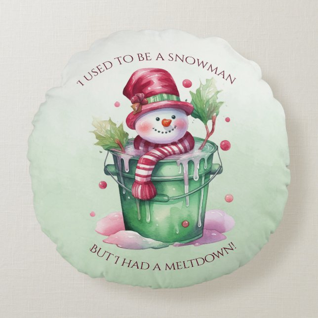 Green and Pink Snowman In A Pail of Water Round Pillow (Front)