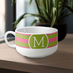 Green and Pink Striped Pattern Custom Monogram Soup Mug