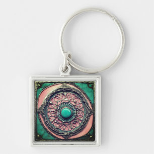 Green and pink Tourmaline Metal Art Keychain
