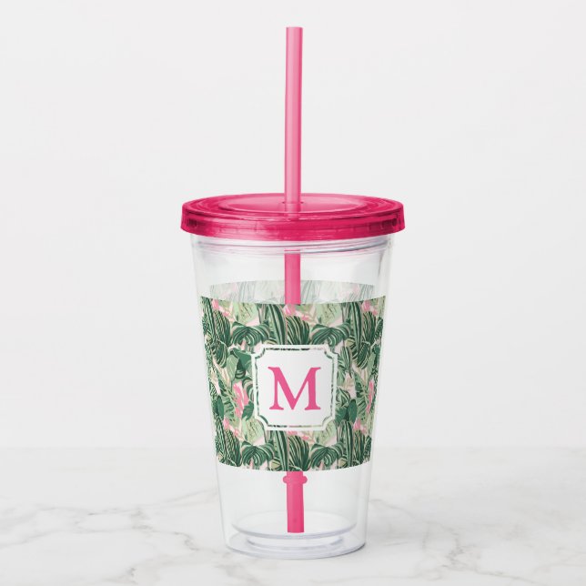 Green and Pink Tropical Leaves | Monogram Cabana Acrylic Tumbler (Front)