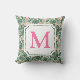 Green and Pink Tropical Leaves   Monogram Cabana  Outdoor Pillow