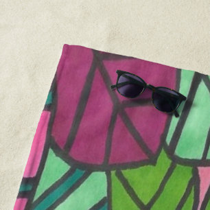 Green and Pink Tropical Palm Leaves Beach Towel