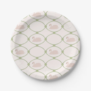 Green and Pink Vintage Swan Trellis Paper Plate