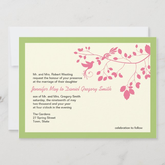 Green And Pink Wedding Invites Love Birds (Front)