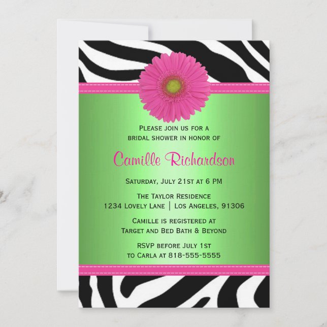 Green and Pink, Zebra Bridal Shower Invitation (Front)