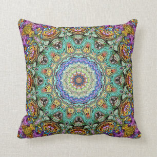 Green And Purple Abstract Mandala Throw Pillow