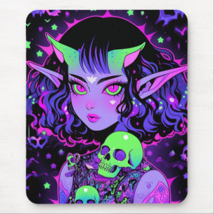 Green and Purple Alien Elf Anime Girl Mouse Pad