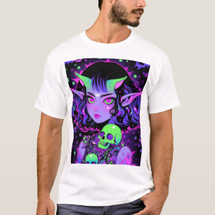 Green and Purple Alien Elf Anime Girl T-Shirt