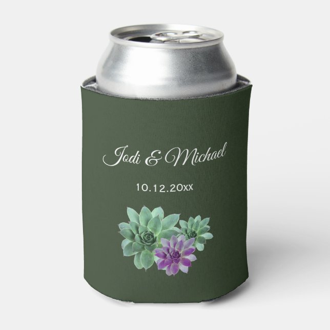 Green and Purple Botanical Succulent Wedding Can Cooler (Can Front)