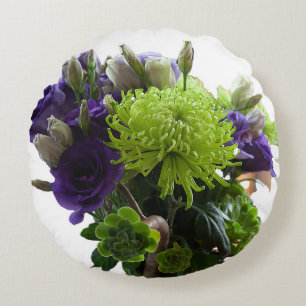 green and purple flowers round pillow