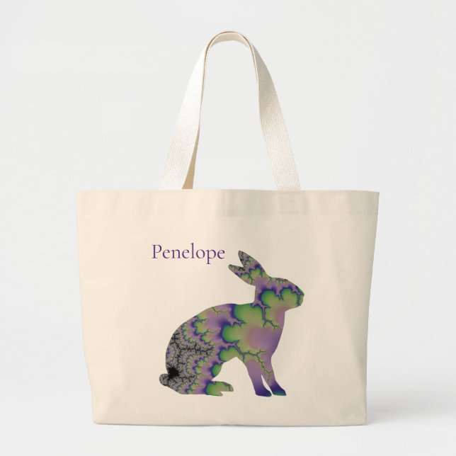 Green and Purple Fractal Bunny Rabbit with Name Large Tote Bag (Front)
