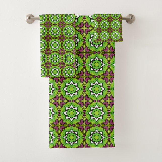 Green and purple geometric mandala pattern bath towel set (Insitu)