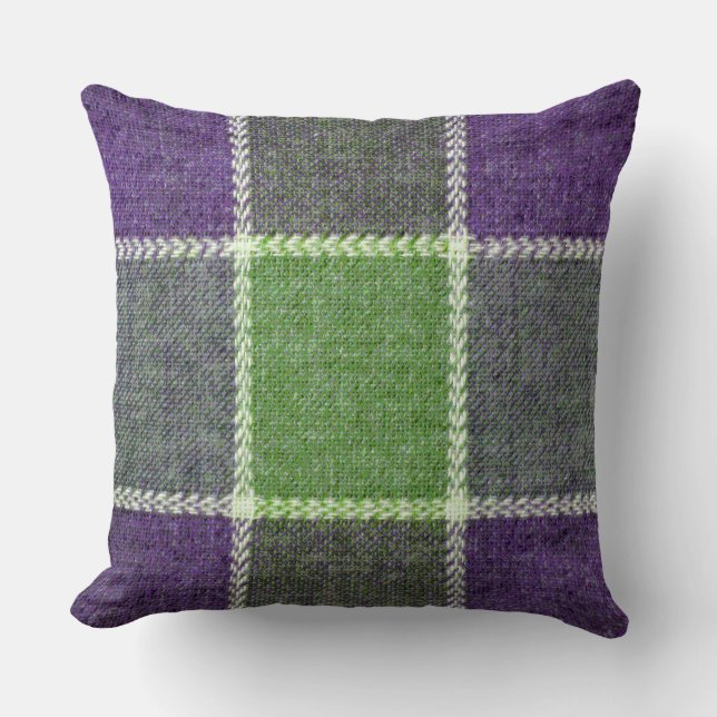 Green and Purple Gingham Check Plaid Flannel Look Throw Pillow (Front)