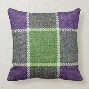 Green and Purple Gingham Check Plaid Flannel Look Throw Pillow