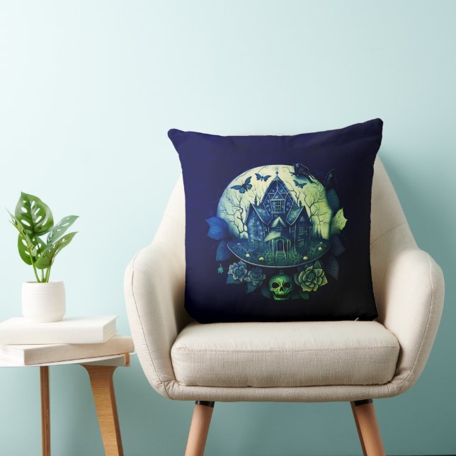 Green and  Purple Gothic Haunted House Throw Pillow (Chair)