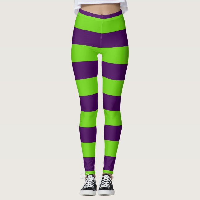 Green and Purple Halloween Stripes Leggings (Front)