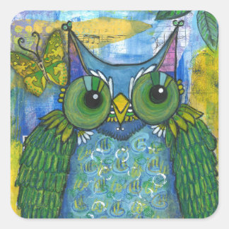 Green and Purple Mixed Media Owl Square Sticker