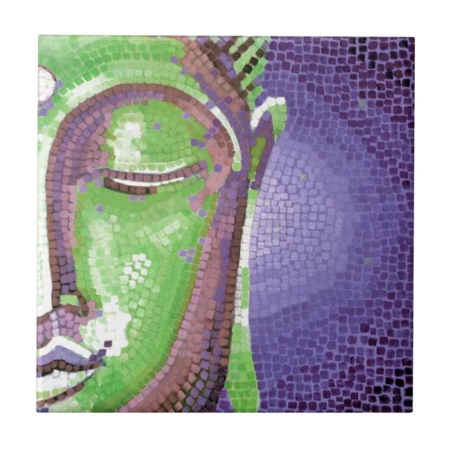 Green and Purple Mosaic Buddha Face Tile (Front)