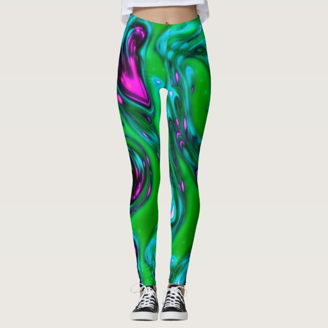 Green and Purple Neon Liquid Abstract Art Leggings (Front)
