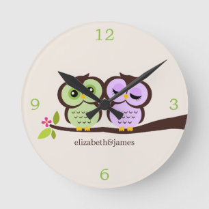 Green and Purple Owl Couple Round Clock