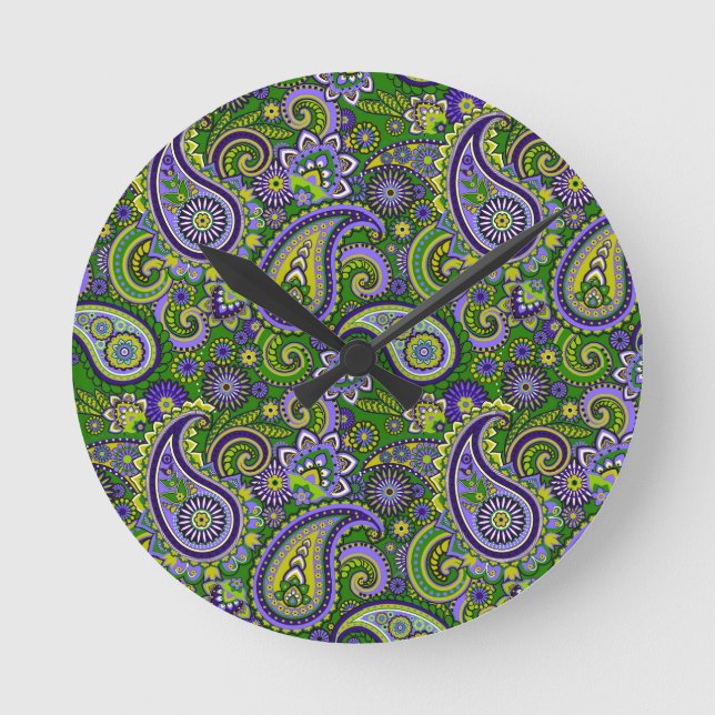 Green and Purple Paisley Round Clock (Front)