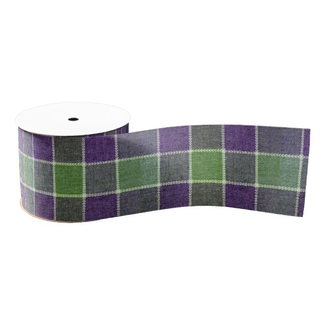 Green and Purple Plaid Wool Fabric Texture Grosgrain Ribbon (Spool)