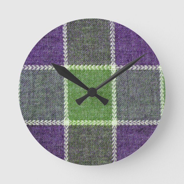 Green and Purple Plaid Wool Fabric Texture Round Clock (Front)