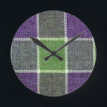 Green and Purple Plaid Wool Fabric Texture Round Clock<br><div class="desc">This design features a pretty plaid fabric texture in green and purple with fancy stitching.</div>