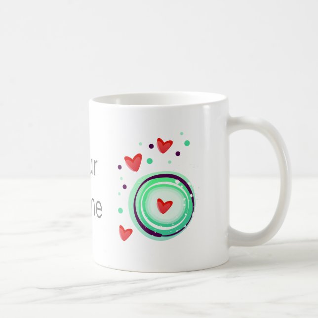 green and purple, red heart coffee mug (Right)