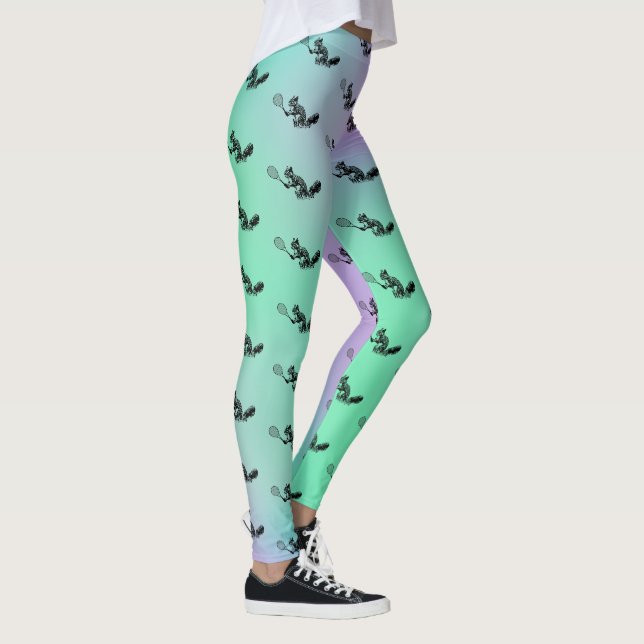 Green and Purple Squirrel Tennis Player Pattern Leggings (Right)