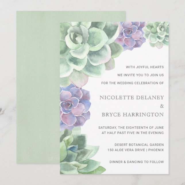 Green and Purple Succulents Modern Wedding Invitation (Front/Back)