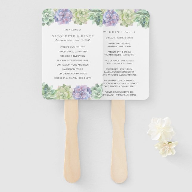 Green and Purple Succulents Wedding Program Hand Fan (Front and Back)
